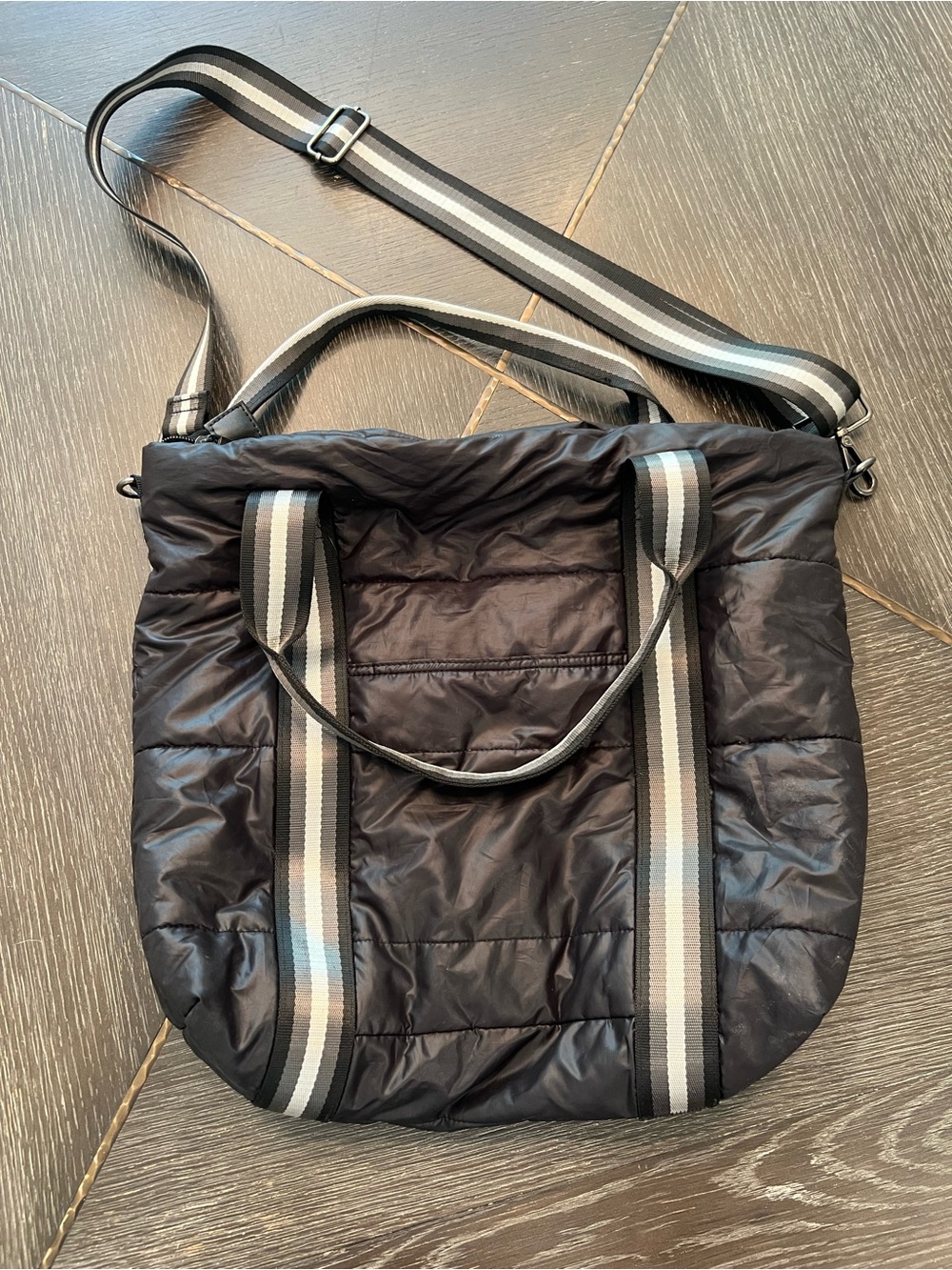 Haute Shire Quilted Nylon Tote Bag with Striped Webbing Shoulder Strap - Black